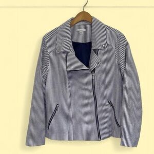 Navy and White Striped Seersucker Moto Jacket Size 20W